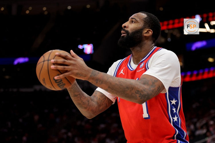 Apr 9, 2026; Houston, Texas, USA; Philadelphia 76ers forward Andre Drummond (1) shoots the ball against the Houston Rockets during the third quarter at Toyota Center. Credit: Erik Williams-Imagn Images
