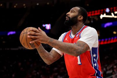 Apr 9, 2026; Houston, Texas, USA; Philadelphia 76ers forward Andre Drummond (1) shoots the ball against the Houston Rockets during the third quarter at Toyota Center. Mandatory Credit: Erik Williams-Imagn Images
