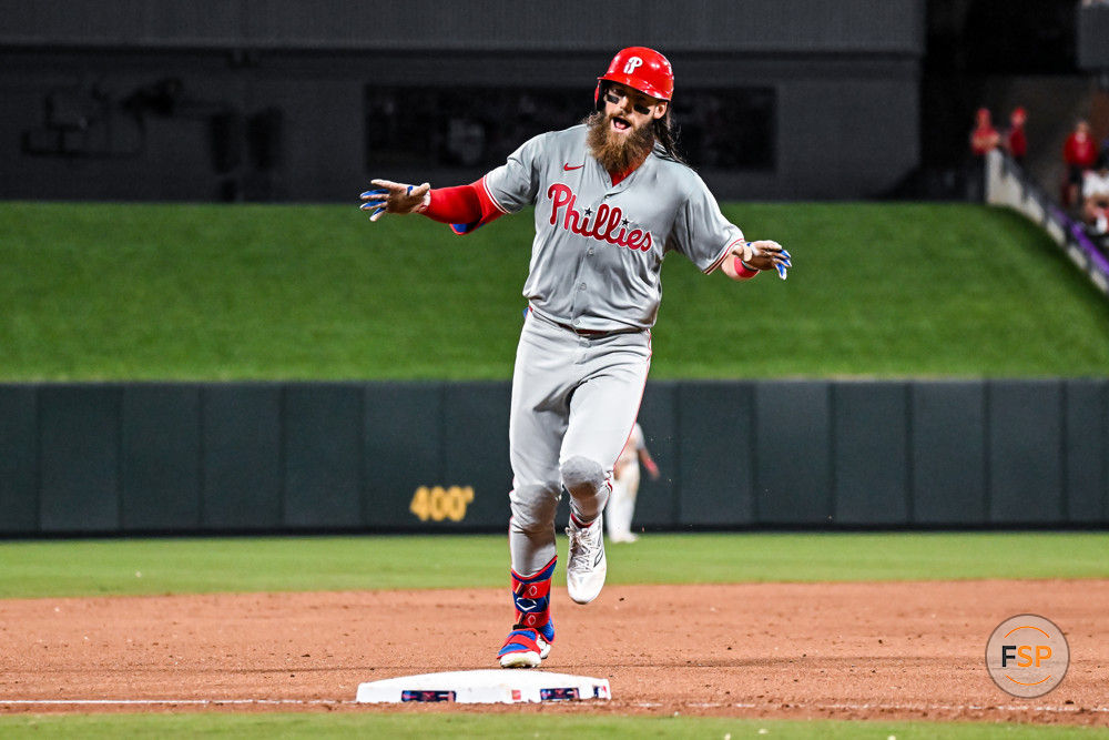 ST. LOUIS, MO - Apr 8: Philadelphia Phillies left fielder Brandon Marsh (16) celebrates his home run as he gets ready to round third during a game between the Philadelphia Phillies and the St. Louis Cardinals on Monday April 8, 2024, at Busch Stadium in St. Louis MO (Photo by Rick Ulreich/Icon Sportswire)