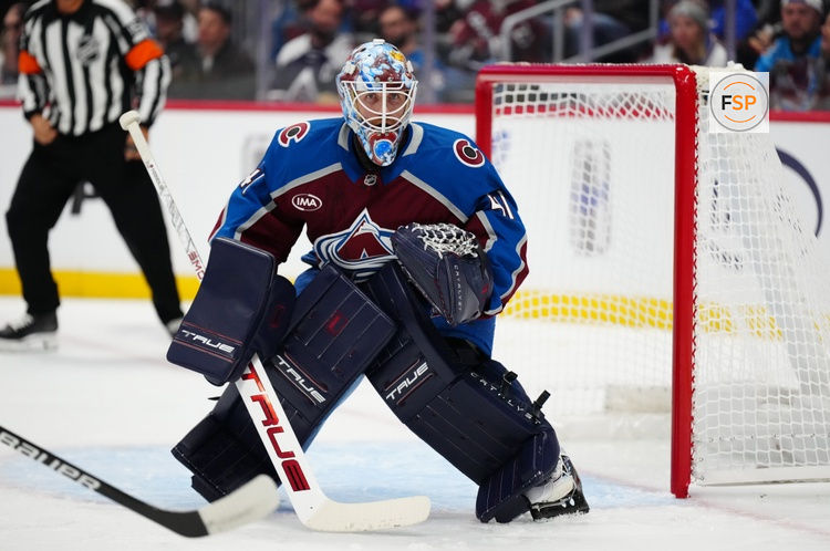 Oct 9, 2025; Denver, Colorado, USA; Colorado Avalanche goaltender Scott Wedgewood (41) defends the net in the first period against the Utah Mammoth at Ball Arena. Credit: Ron Chenoy-Imagn Images