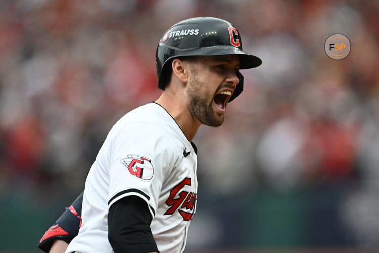 Oct 12, 2024; Cleveland, Ohio, USA; Cleveland Guardians outfielder Lane Thomas (8) runs the bases after hitting a grand slam in the fifth inning against the Detroit Tigers during game five of the ALDS for the 2024 MLB Playoffs at Progressive Field. Credit: Ken Blaze-Imagn Images