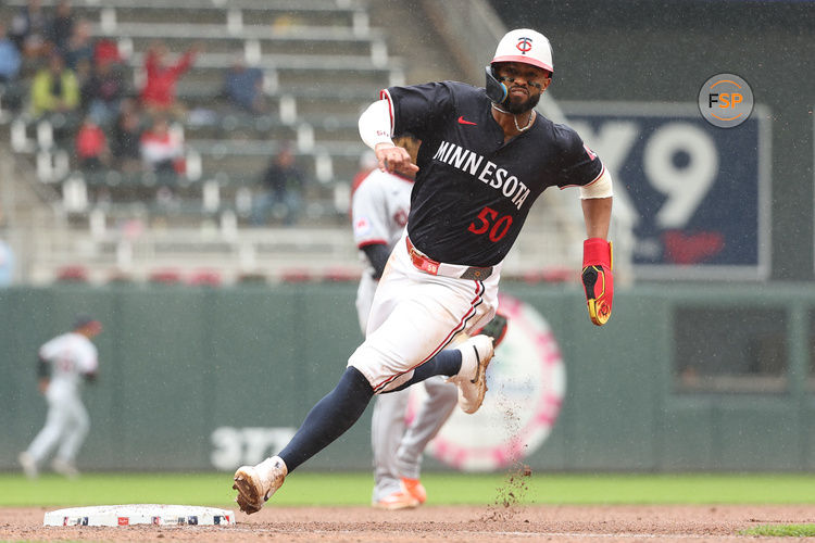 May 21, 2025; Minneapolis, Minnesota, USA; Minnesota Twins right fielder Willi Castro (50) rounds third base to score on a single hit by designated hitter Ryan Jeffers (27) in the third inning during game two of a doubleheader against the Cleveland Guardians at Target Field. Credit: Matt Krohn-Imagn Images