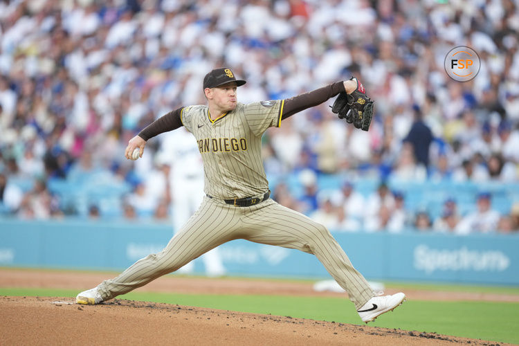 Jun 18, 2025; Los Angeles, California, USA; San Diego Padres starting pitcher Stephen Kolek (32) pitches during the first inning against the Los Angeles Dodgers at Dodger Stadium. Credit: Kirby Lee-Imagn Images