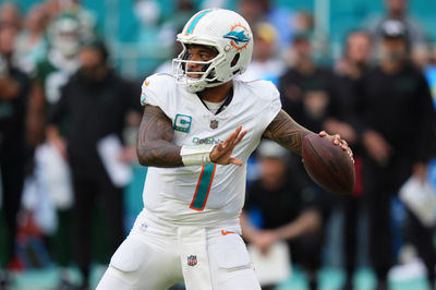 Dec 8, 2024; Miami Gardens, Florida, USA; Miami Dolphins quarterback Tua Tagovailoa (1) attempts a pass against the New York Jets during the second half at Hard Rock Stadium. Mandatory Credit: Jasen Vinlove-Imagn Images