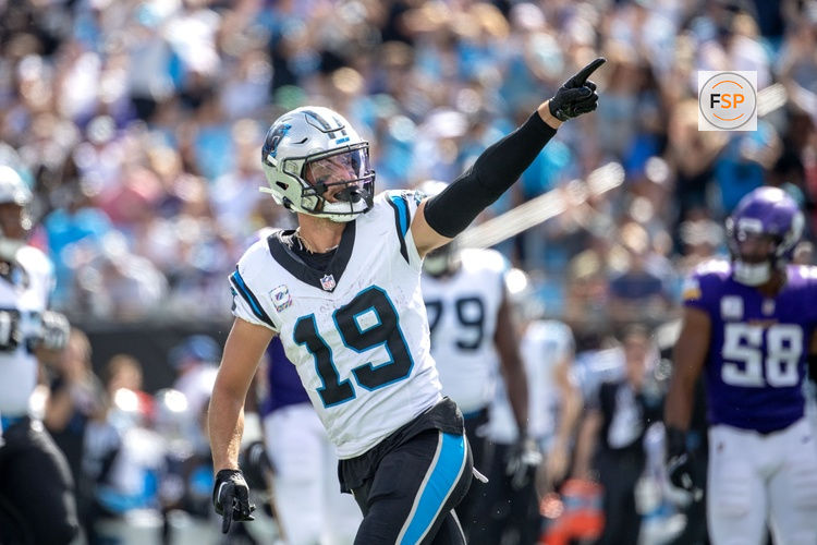 Oct 1, 2023; Charlotte, North Carolina, USA; Carolina Panthers wide receiver Adam Thielen (19) reacts in the third quarter at Bank of America Stadium. Credit: Bob Donnan-USA TODAY Sports