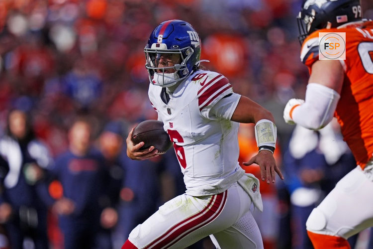 Oct 19, 2025; Denver, Colorado, USA; New York Giants quarterback Jaxson Dart (6) runs the ball during the second half against the Denver Broncos at Empower Field at Mile High. Credit: Ron Chenoy-Imagn Images