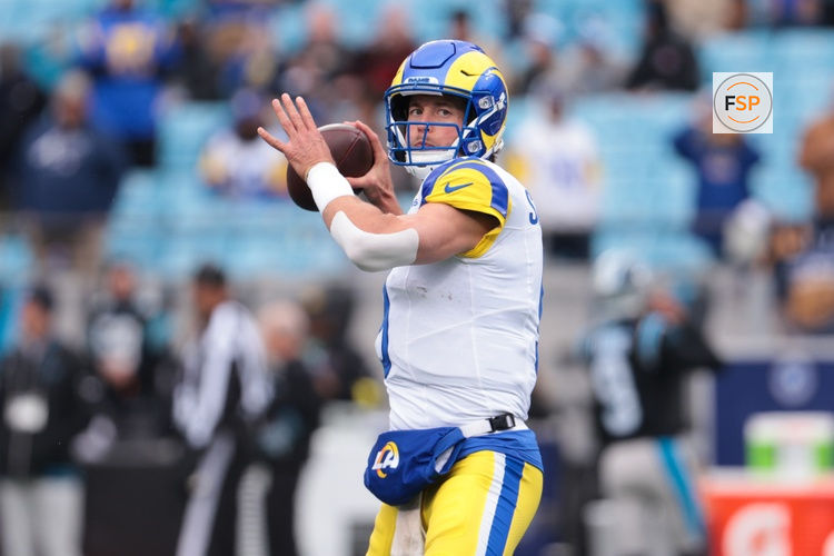 Nov 30, 2025; Charlotte, North Carolina, USA; Los Angeles Rams quarterback Matthew Stafford (9) warms up before the game against the Carolina Panthers at Bank of America Stadium. Credit: Scott Kinser-Imagn Images