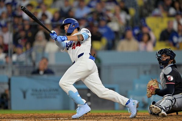 Apr 1, 2026; Los Angeles, California, USA;  Los Angeles Dodgers center fielder Andy Pages (44) doubles in the eighth inning against the Cleveland Guardians at Dodger Stadium. Mandatory Credit: Jayne Kamin-Oncea-Imagn Images