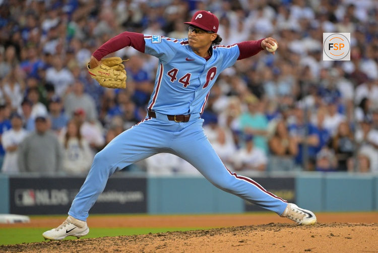 Oct 9, 2025; Los Angeles, California, USA; Philadelphia Phillies pitcher Jesus Luzardo (44) throws in the tenth inning against the Los Angeles Dodgers during game four of the NLDS round for the 2025 MLB playoffs at Dodger Stadium. Credit: Jayne Kamin-Oncea-Imagn Images