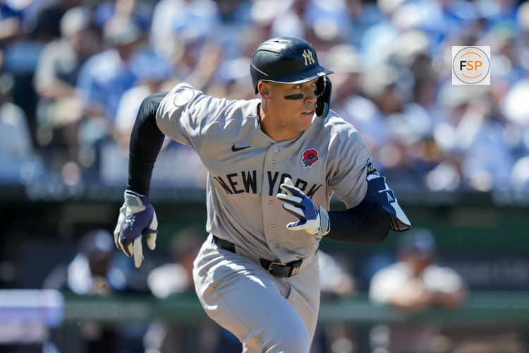 May 25, 2026; Kansas City, Missouri, USA; New York Yankees right fielder Aaron Judge (99) runs to first base during the third inning against the Kansas City Royals at Kauffman Stadium. Credit: Jay Biggerstaff-Imagn Images