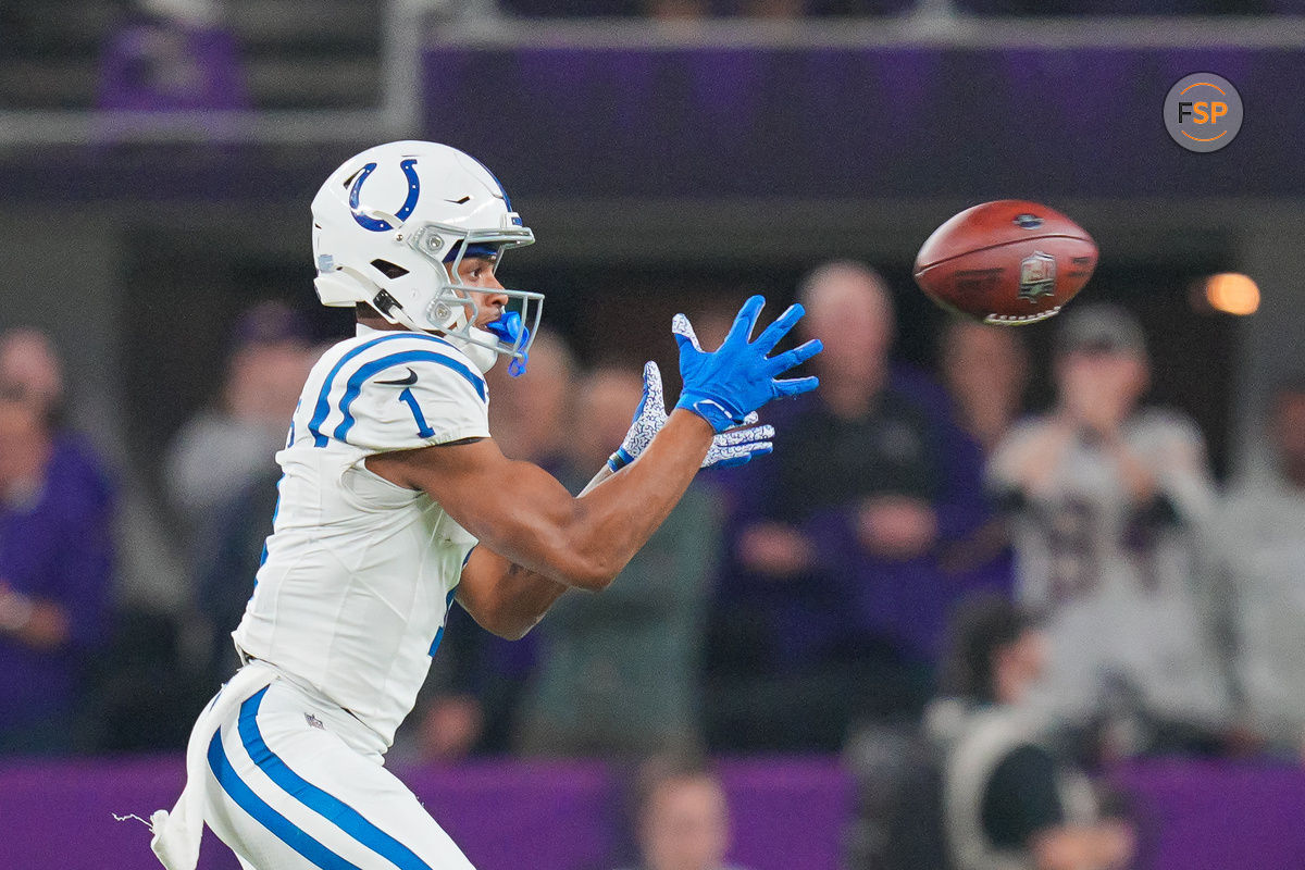 Nov 3, 2024; Minneapolis, Minnesota, USA; Indianapolis Colts wide receiver Josh Downs (1) catches a pass against the Minnesota Vikings in the fourth quarter at U.S. Bank Stadium. Credit: Brad Rempel-Imagn Images