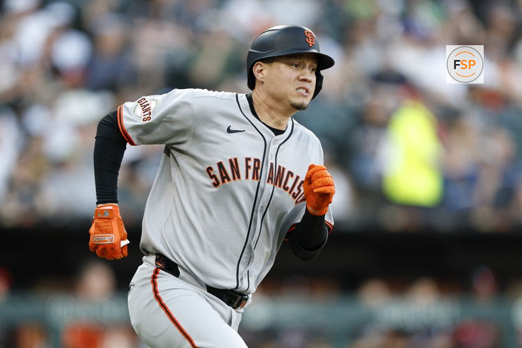 Jun 27, 2025; Chicago, Illinois, USA; San Francisco Giants first baseman Wilmer Flores (41) runs after hitting an RBI-double against the Chicago White Sox during the third inning at Rate Field. Credit: Kamil Krzaczynski-Imagn Images