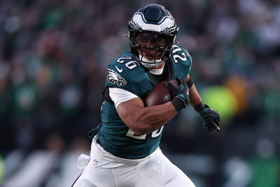 Jan 12, 2025; Philadelphia, Pennsylvania, USA; Philadelphia Eagles running back Saquon Barkley (26) rushes the ball against the Green Bay Packers during the first quarter in the NFC wild card game at Lincoln Financial Field. Mandatory Credit: Bill Streicher-Imagn Images