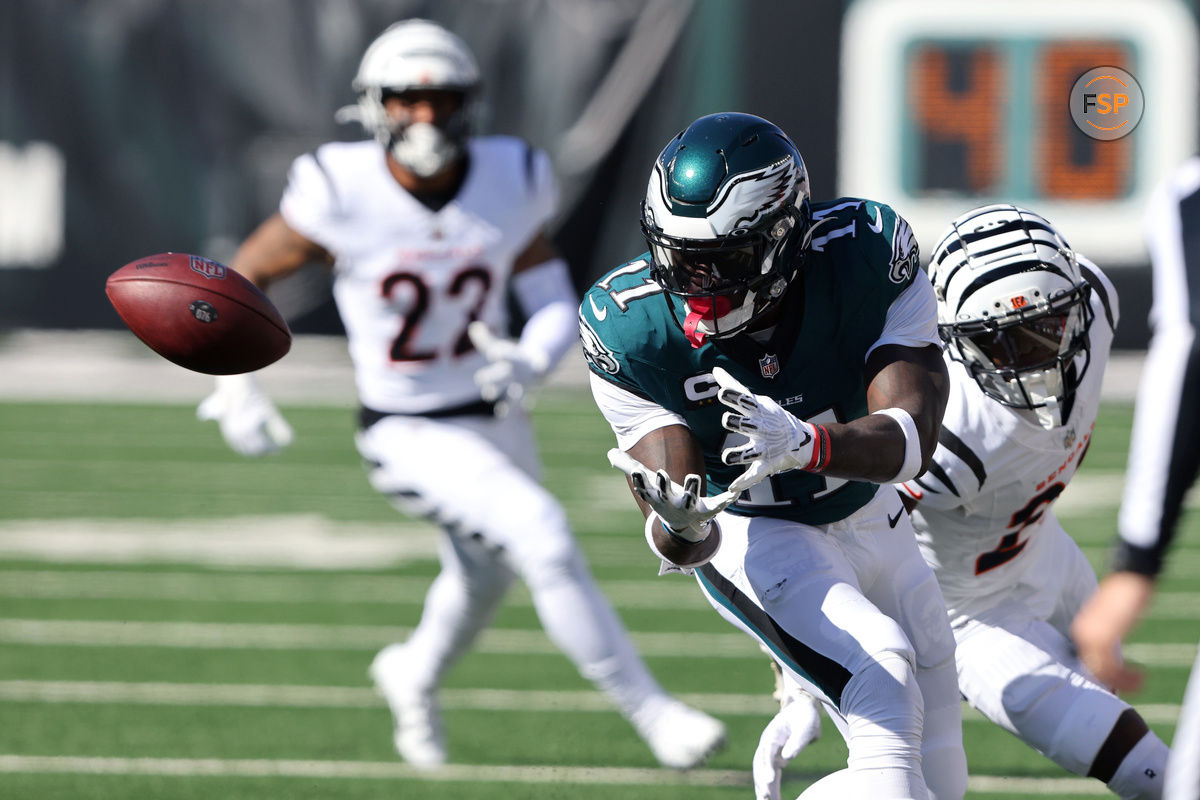 Oct 27, 2024; Cincinnati, Ohio, USA;  Philadelphia Eagles wide receiver A.J. Brown (11) catches a pass during the first quarter against the Cincinnati Bengals at Paycor Stadium. Credit: Joseph Maiorana-Imagn Images