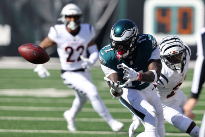 Oct 27, 2024; Cincinnati, Ohio, USA;  Philadelphia Eagles wide receiver A.J. Brown (11) catches a pass during the first quarter against the Cincinnati Bengals at Paycor Stadium. Mandatory Credit: Joseph Maiorana-Imagn Images