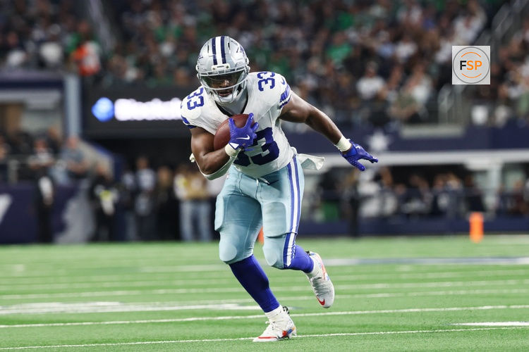 Nov 23, 2025; Arlington, Texas, USA; Dallas Cowboys running back Javonte Williams (33) runs with the ball in the second quarter against the Philadelphia Eagles at AT&T Stadium. Credit: Kevin Jairaj-Imagn Images