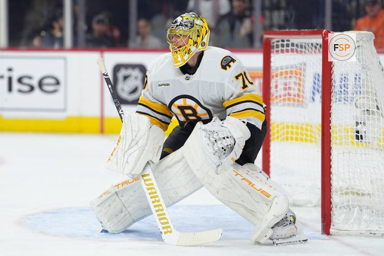 Apr 5, 2026; Philadelphia, Pennsylvania, USA; Boston Bruins goalie Joonas Korpisalo (70) in action against the Philadelphia Flyers in the third period at Xfinity Mobile Arena. Credit: Kyle Ross-Imagn Images