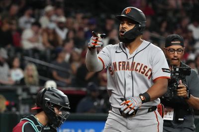 Jul 1, 2026; Phoenix, Arizona, USA; San Francisco Giants left fielder Heliot Ramos (17) reacts after hitting a solo home run against the Arizona Diamondbacks in the fifth inning at Chase Field. Mandatory Credit: Rick Scuteri-Imagn Images