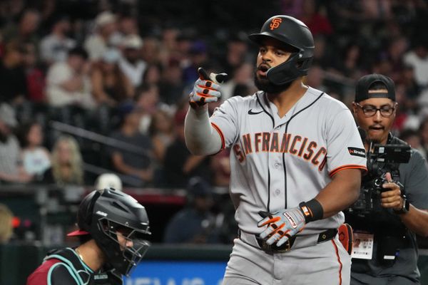 Jul 1, 2026; Phoenix, Arizona, USA; San Francisco Giants left fielder Heliot Ramos (17) reacts after hitting a solo home run against the Arizona Diamondbacks in the fifth inning at Chase Field. Mandatory Credit: Rick Scuteri-Imagn Images