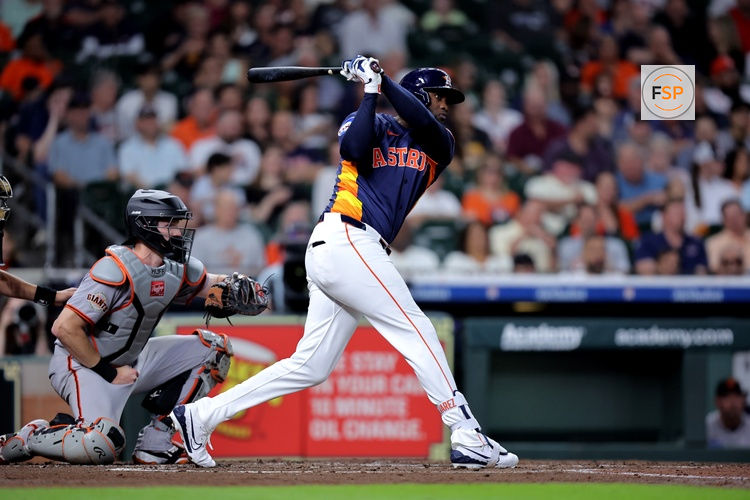 Apr 2, 2025; Houston, Texas, USA; Houston Astros left fielder Yordan Alvarez (44) hits a single to right field against the San Francisco Giants during the third inning at Daikin Park. Credit: Erik Williams-Imagn Images
