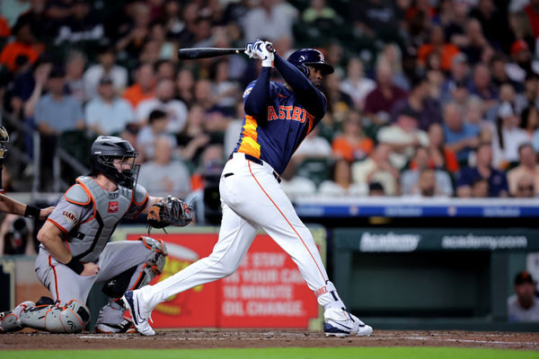 Apr 2, 2025; Houston, Texas, USA; Houston Astros left fielder Yordan Alvarez (44) hits a single to right field against the San Francisco Giants during the third inning at Daikin Park. Mandatory Credit: Erik Williams-Imagn Images
