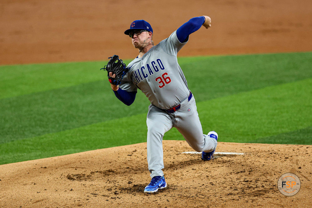 ARLINGTON, TX - MARCH 31: Chicago Cubs starting pitcher Jordan Wicks (36) pitches during the second inning during the game between the Texas Rangers and the Chicago Cubs on March 31, 2024 at Globe Life Field in Arlington, Texas. (Photo by Matthew Pearce/Icon Sportswire)