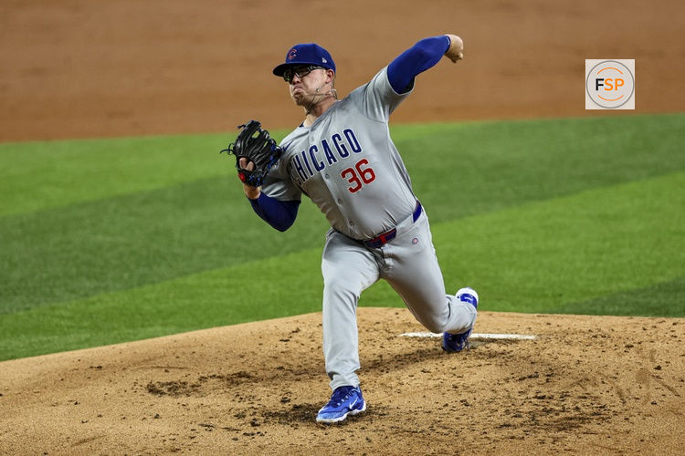 ARLINGTON, TX - MARCH 31: Chicago Cubs starting pitcher Jordan Wicks (36) pitches during the second inning during the game between the Texas Rangers and the Chicago Cubs on March 31, 2024 at Globe Life Field in Arlington, Texas. (Photo by Matthew Pearce/Icon Sportswire)