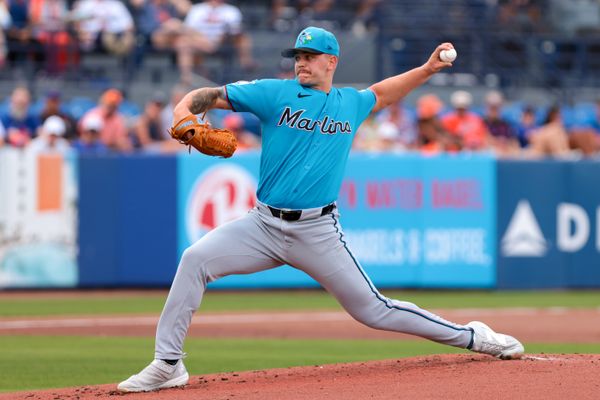 Feb 21, 2026; Port St. Lucie, Florida, USA; Miami Marlins starting pitcher Robby Snelling (61) delivers a pitch against the New York Mets during the first inning at Clover Park. Mandatory Credit: Sam Navarro-Imagn Images