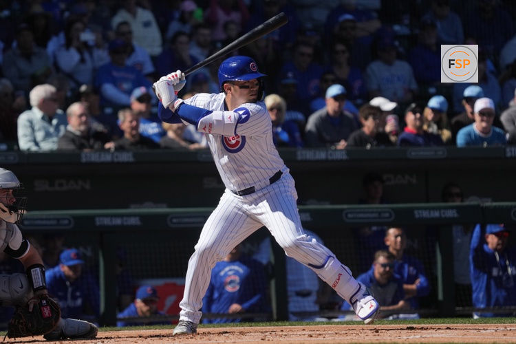 Feb 20, 2026; Mesa, Arizona, USA; Chicago Cubs right fielder Seiya Suzuki (27) hits against the Chicago White Sox in the first inning at Sloan Park. Credit: Rick Scuteri-Imagn Images