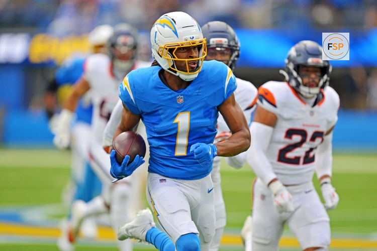 Sep 21, 2025; Inglewood, California, USA; Los Angeles Chargers wide receiver Quentin Johnston (1) runs the ball during the first half against the Denver Broncos at SoFi Stadium. Credit: Jayne Kamin-Oncea-Imagn Images
