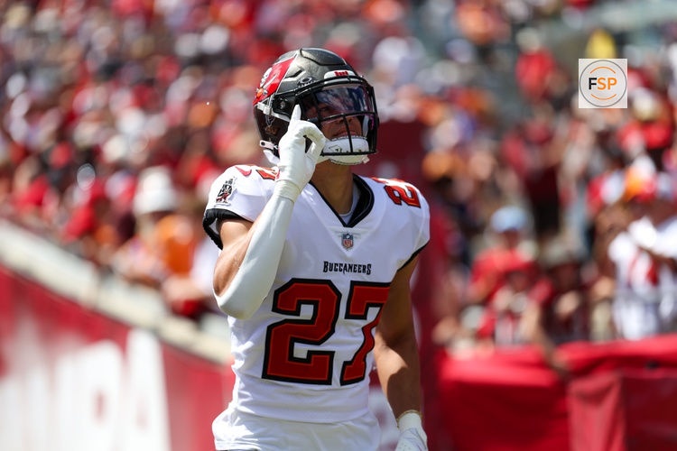 Sep 22, 2024; Tampa, Florida, USA; Tampa Bay Buccaneers cornerback Zyon McCollum (27) is introduced before a game against the Denver Broncos at Raymond James Stadium. Credit: Nathan Ray Seebeck-Imagn Images