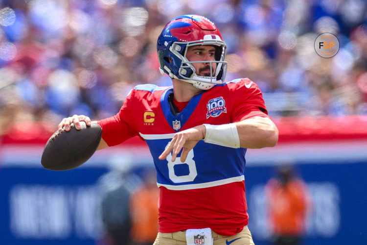 Sep 8, 2024; East Rutherford, New Jersey, USA; New York Giants quarterback Daniel Jones (8) throws a pass against the Minnesota Vikings during the first half at MetLife Stadium. Credit: John Jones-Imagn Images