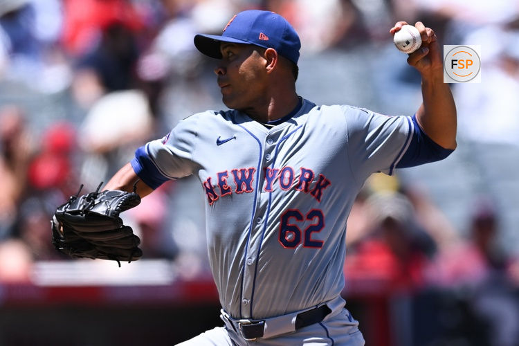 Aug 4, 2024; Anaheim, California, USA; New York Mets pitcher Jose Quintana (62) throws a pitch against the Los Angeles Angels during the first inning at Angel Stadium. Credit: Jonathan Hui-USA TODAY Sports