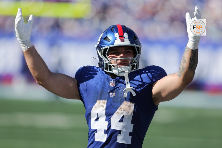 Sep 28, 2025; East Rutherford, New Jersey, USA; New York Giants running back Cam Skattebo (44) reacts during the third quarter against the Los Angeles Chargers at MetLife Stadium. Credit: Brad Penner-Imagn Images