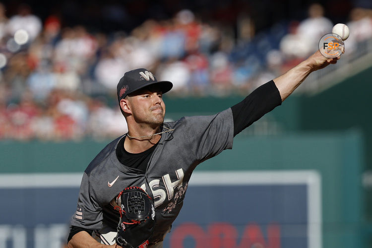 Sep 28, 2024; Washington, District of Columbia, USA; Washington Nationals starting pitcher MacKenzie Gore (1) pitches against the Philadelphia Phillies during the first inning at Nationals Park. Credit: Geoff Burke-Imagn Images