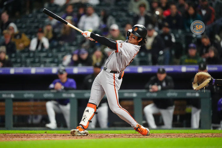 May 8, 2024; Denver, Colorado, USA; San Francisco Giants outfielder Jung Hoo Lee (51) swings the batt in the eighth inning against the Colorado Rockies at Coors Field. Credit: Ron Chenoy-USA TODAY Sports