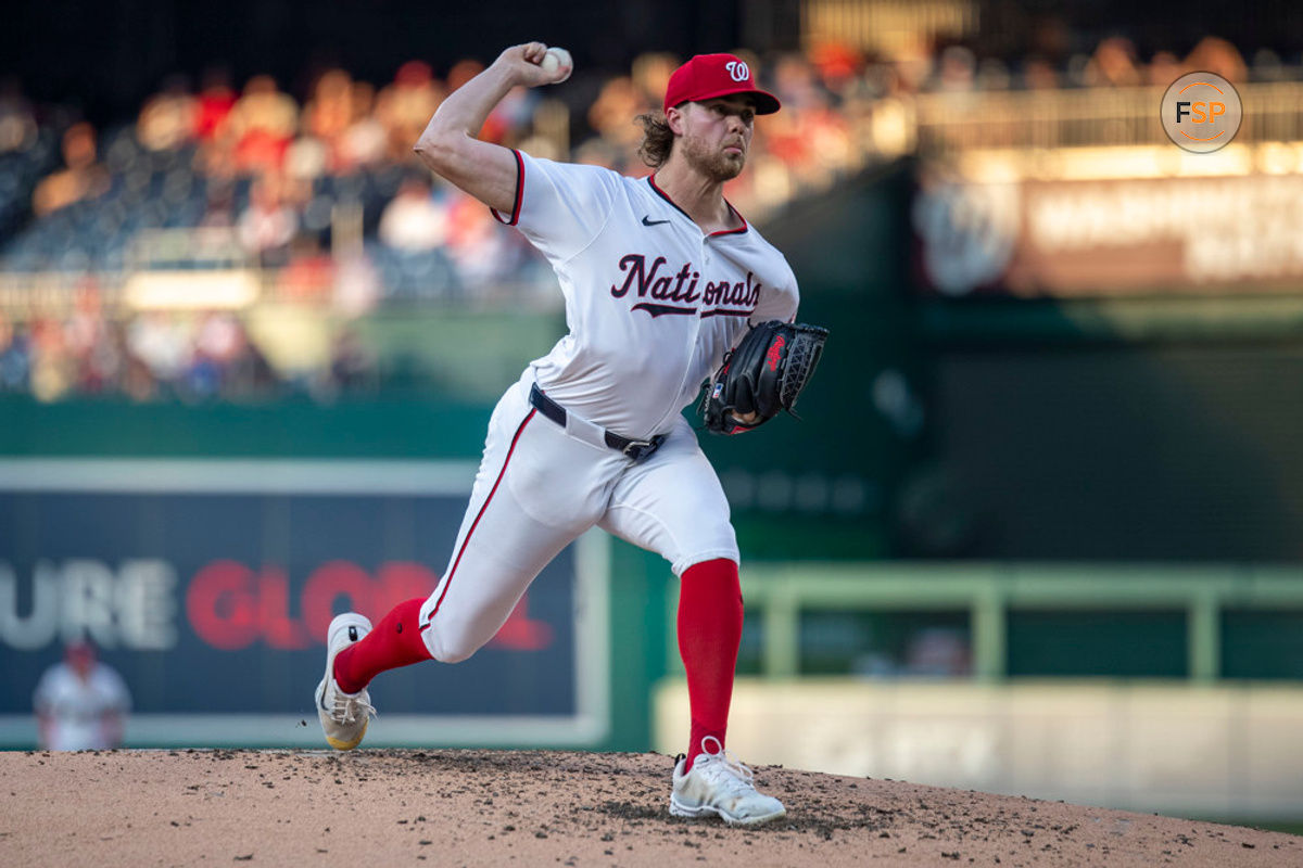 WASHINGTON, DC - JUNE 18: Washington Nationals pitcher Jake Irvin (27) throws a pitch during the  Arizona Diamondbacks versus the Washington Nationals on June 18, 2024, at Nationals Park in Washington, D.C. (Photo by Charles Brock/Icon Sportswire)