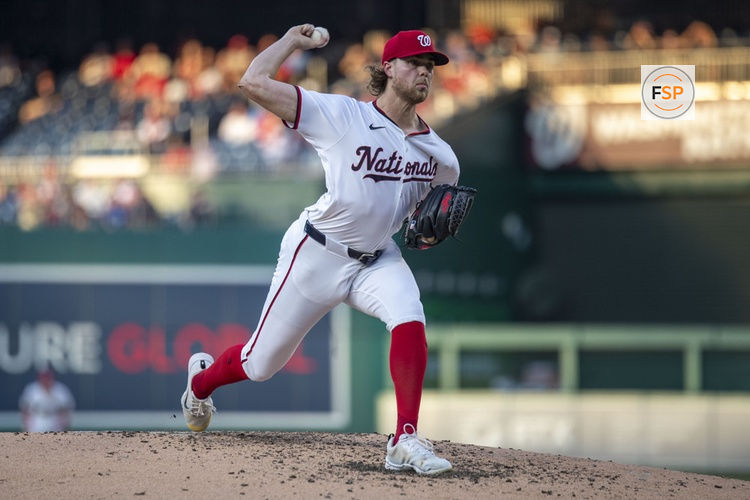 WASHINGTON, DC - JUNE 18: Washington Nationals pitcher Jake Irvin (27) throws a pitch during the  Arizona Diamondbacks versus the Washington Nationals on June 18, 2024, at Nationals Park in Washington, D.C. (Photo by Charles Brock/Icon Sportswire)
