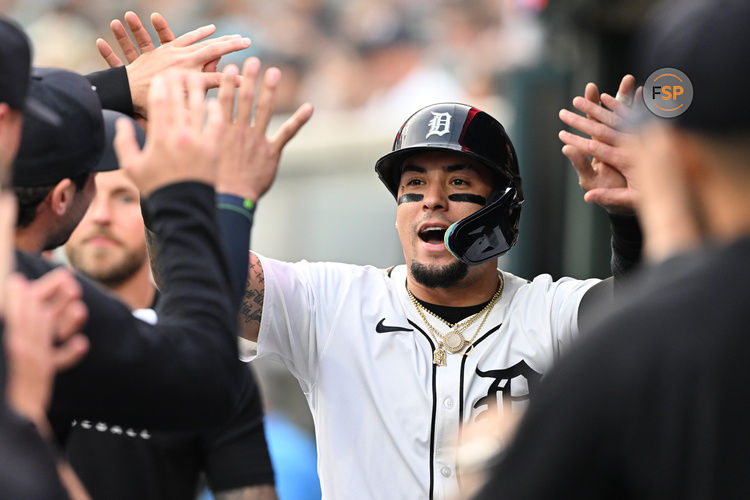 Jun 6, 2025; Detroit, Michigan, USA;  Detroit Tigers shortstop Javier Baez (28) celebrates in the dugout after scoring a run against the Chicago Cubs in the fifth inning at Comerica Park. Credit: Lon Horwedel-Imagn Images