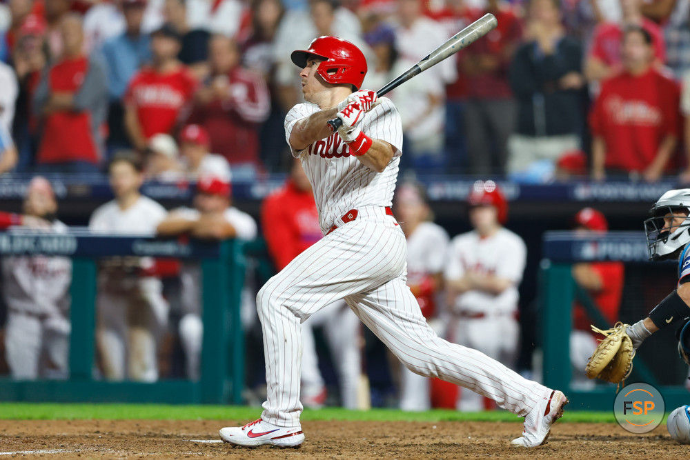 PHILADELPHIA, PA - OCTOBER 03:  J.T. Realmuto #10 of the Philadelphia Phillies at bat during the NL Wild Card game against the Miami Marlins on October 3, 2023 at Citizens Bank Park in Philadelphia, Pennsylvania.  (Photo by Rich Graessle/Icon Sportswire)