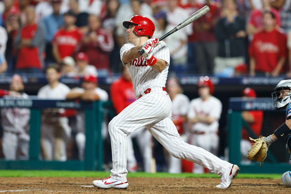 PHILADELPHIA, PA - OCTOBER 03:  J.T. Realmuto #10 of the Philadelphia Phillies at bat during the NL Wild Card game against the Miami Marlins on October 3, 2023 at Citizens Bank Park in Philadelphia, Pennsylvania.  (Photo by Rich Graessle/Icon Sportswire)