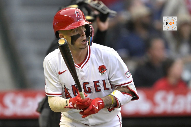 May 26, 2025; Anaheim, California, USA;  Los Angeles Angels shortstop Zach Neto (9) hits a solo home run in the first inning against the New York Yankees at Angel Stadium. Credit: Jayne Kamin-Oncea-Imagn Images