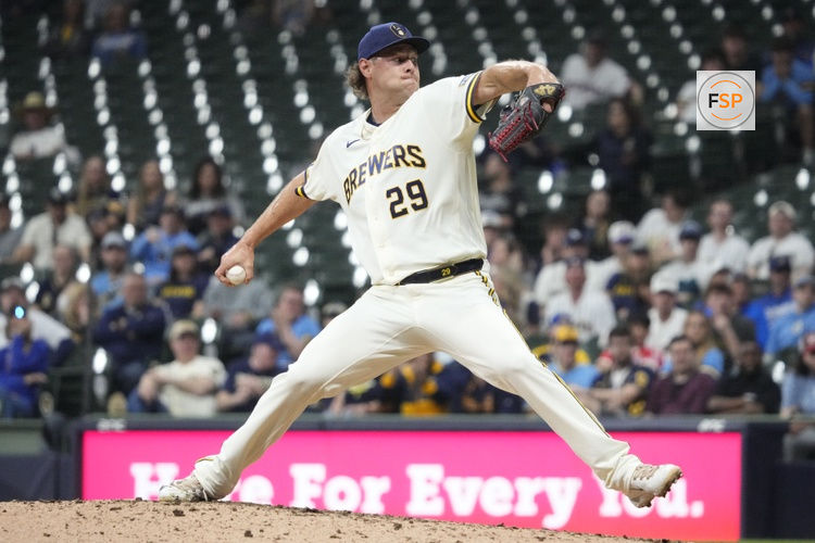 Mar 30, 2026; Milwaukee, Wisconsin, USA; Milwaukee Brewers pitcher Trevor Megill (29) delivers a pitch against the Tampa Bay Rays in the ninth inning at American Family Field. Credit: Michael McLoone-Imagn Images