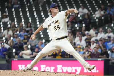 Mar 30, 2026; Milwaukee, Wisconsin, USA; Milwaukee Brewers pitcher Trevor Megill (29) delivers a pitch against the Tampa Bay Rays in the ninth inning at American Family Field. Mandatory Credit: Michael McLoone-Imagn Images