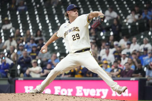 Mar 30, 2026; Milwaukee, Wisconsin, USA; Milwaukee Brewers pitcher Trevor Megill (29) delivers a pitch against the Tampa Bay Rays in the ninth inning at American Family Field. Mandatory Credit: Michael McLoone-Imagn Images