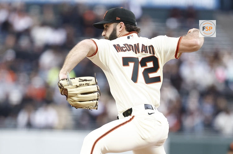 May 4, 2026; San Francisco, California, USA; San Francisco Giants starting pitcher Trevor McDonald (72) pitches the ball in his major league debut during the first inning against the San Diego Padres at Oracle Park. Credit: Kelley L Cox-Imagn Images