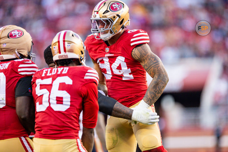 Dec 8, 2024; Santa Clara, California, USA; San Francisco 49ers defensive end Yetur Gross-Matos (94) celebrates his sack during the fourth quarter against the Chicago Bears at Levi's Stadium. Credit: Bob Kupbens-Imagn Images