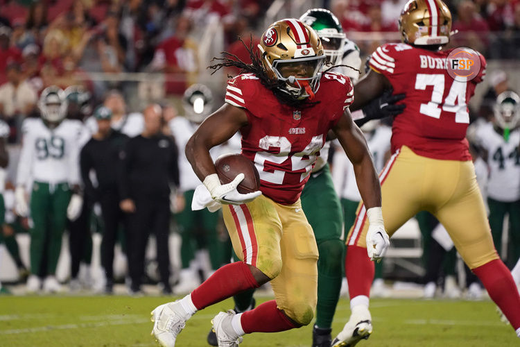 Sep 9, 2024; Santa Clara, California, USA; San Francisco 49ers running back Jordan Mason (24) rushes against the New York Jets in the fourth quarter at Levi's Stadium. Credit: David Gonzales-Imagn Images