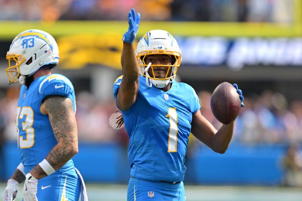 Oct 5, 2025; Inglewood, California, USA; Los Angeles Chargers wide receiver Quentin Johnston (1) reacts in the first half against the Washington Commanders at SoFi Stadium. Mandatory Credit: Jayne Kamin-Oncea-Imagn Images