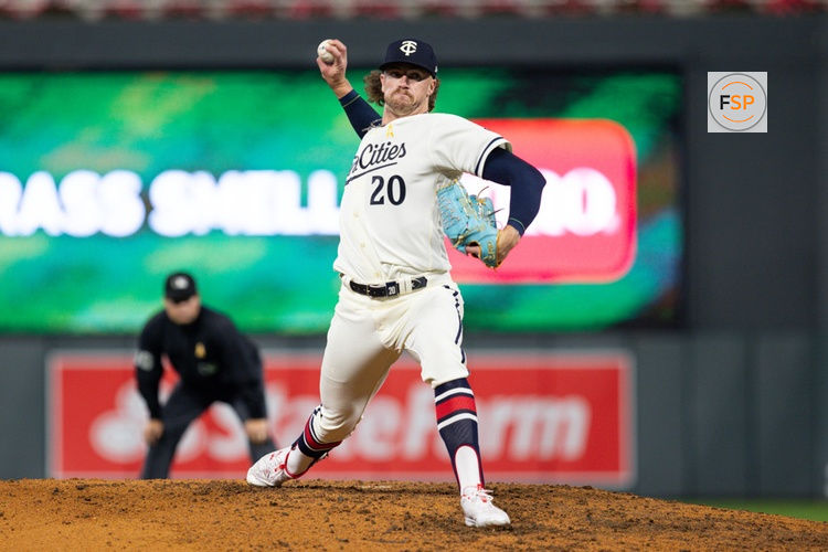 MINNEAPOLIS, MN - SEPTEMBER 26: Minnesota Twins relief pitcher Chris Paddack (20) delivers a pitch in the sixth inning of the MLB game between the Oakland Athletics and Minnesota Twins on September 26th, 2023, at Target Field in Minneapolis, MN. (Photo by Bailey Hillesheim/Icon Sportswire)